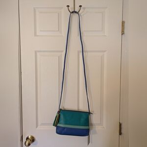 Teal and Blue Crossbody Shoulder Bag with Tassel